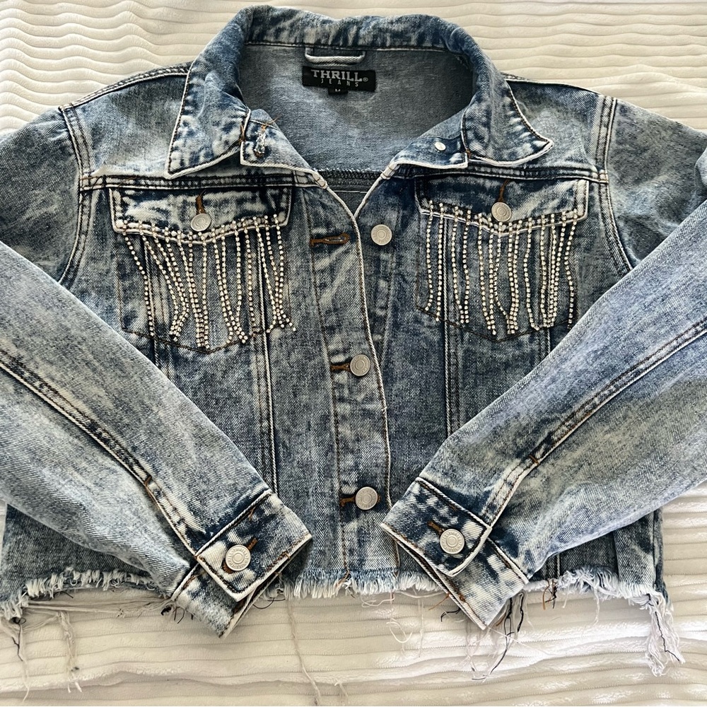 Thrill Blue Denim Jacket with Silver Beaded Accents